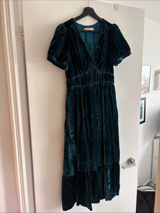 Michael Kors Dresses & Skirts - Michael Kors Teal Velvet V-Neck Puff Sleeve Maxi Dress